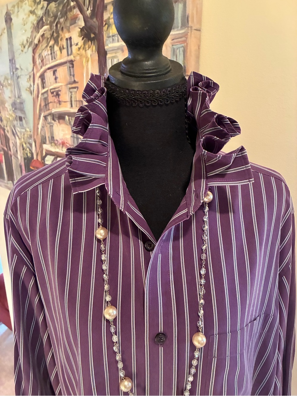 Bugatchi Purple Striped Ruffle-Collar Button-Front Shirt
